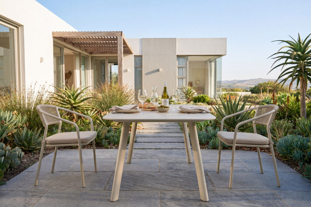 22790 outdoor dining set with sintered stone table and rope woven aluminum dining chairs