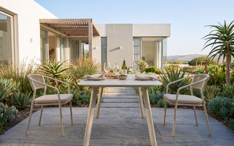 22790 outdoor dining set with sintered stone table and rope woven aluminum dining chairs