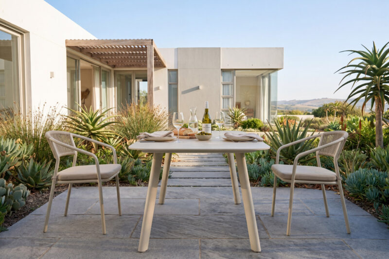 22790 outdoor dining set with sintered stone table and rope woven aluminum dining chairs