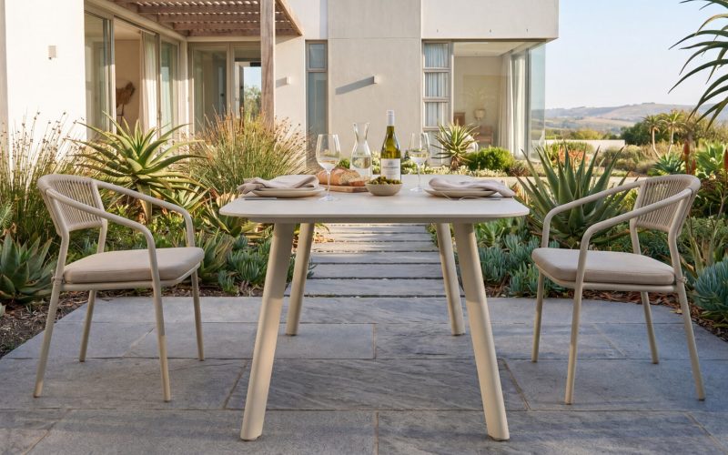 22790 outdoor dining set with sintered stone table and rope woven aluminum dining chairs