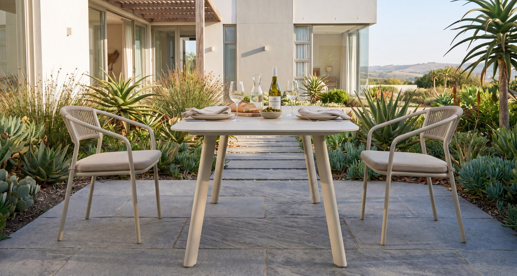 22790 outdoor dining set with sintered stone table and rope woven aluminum dining chairs