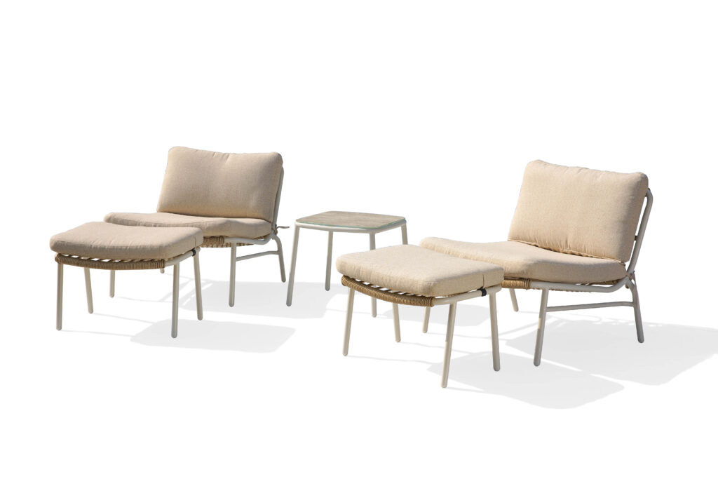 4290 armless outdoor lounge set with two armless chairs, two ottomans and square coffee table featuring handcrafted round rattan and aluminum frame