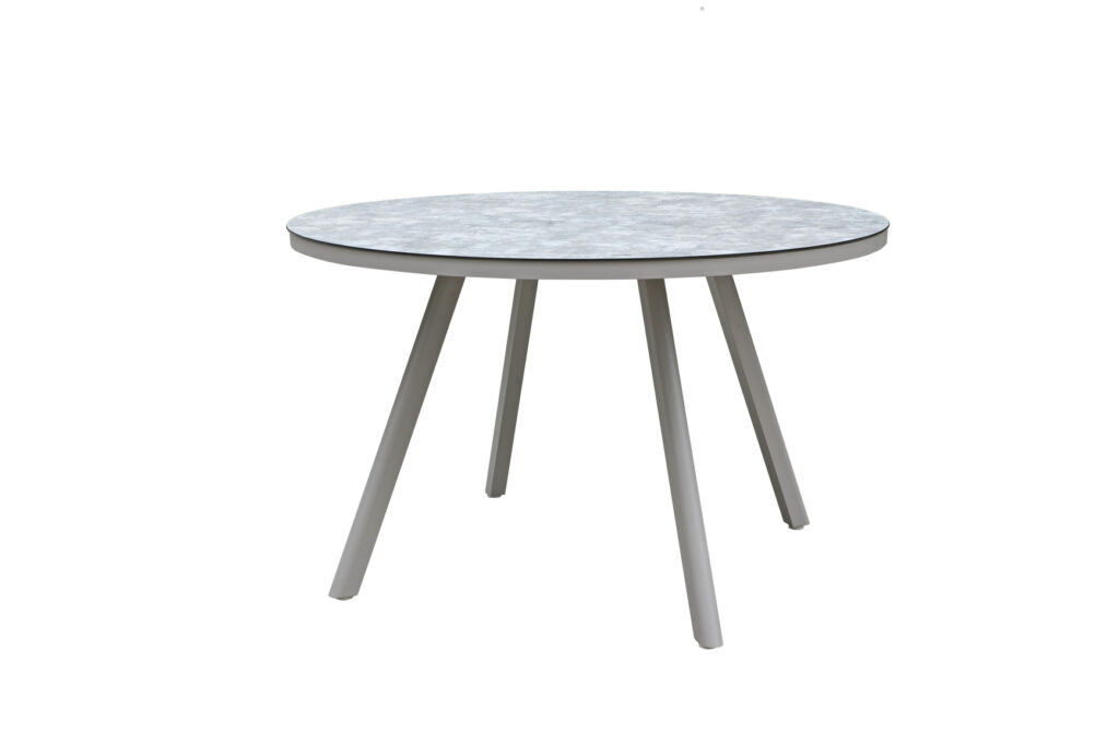Modern outdoor round dining table with a powder-coated aluminum frame and tempered glass tabletop