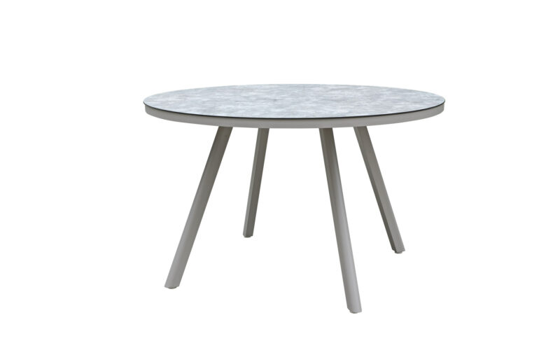 Modern outdoor round dining table with a powder-coated aluminum frame and tempered glass tabletop