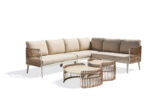 44230 outdoor rope woven corner sofa with travertine nesting coffee tables