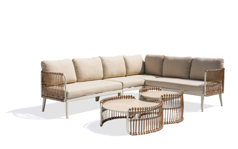 44230 outdoor rope woven corner sofa with travertine nesting coffee tables