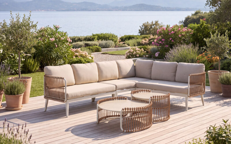 44230 modern outdoor lounge with rope woven corner sofa and travertine tables