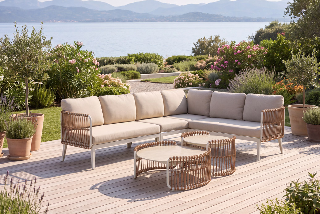 44230 modern outdoor lounge with rope woven corner sofa and travertine tables