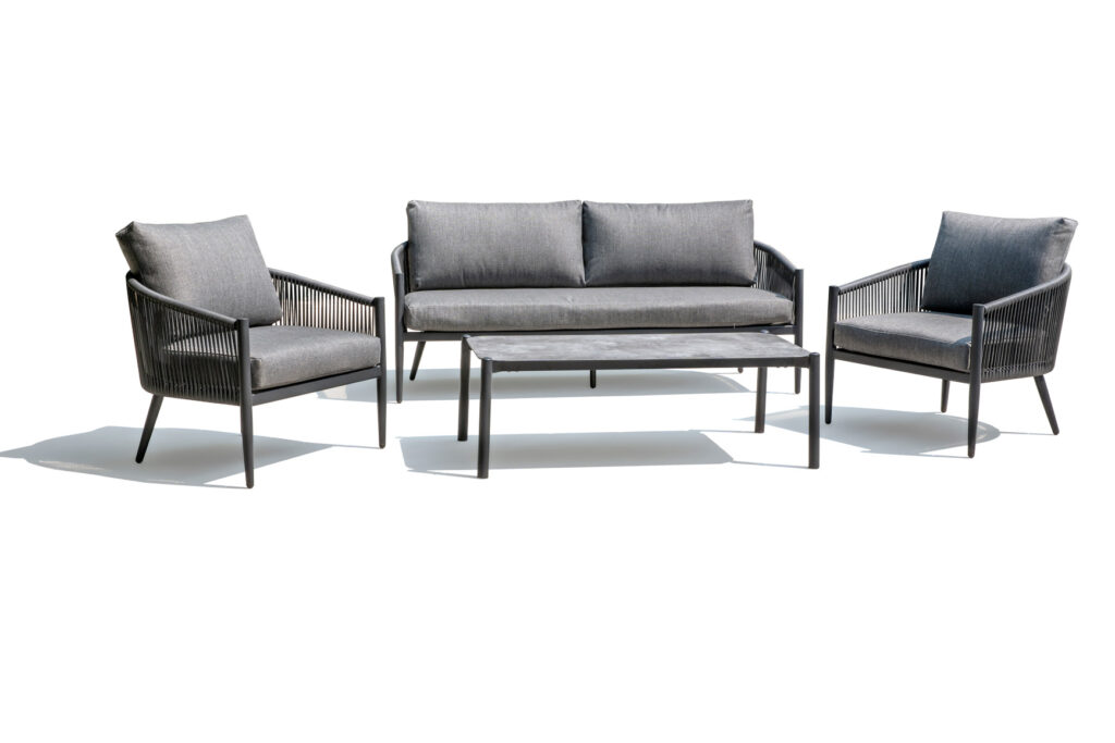 Three seat aluminum outdoor sofa with deep cushions and rope woven sides