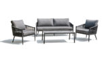 Three seat aluminum outdoor sofa with deep cushions and rope woven sides