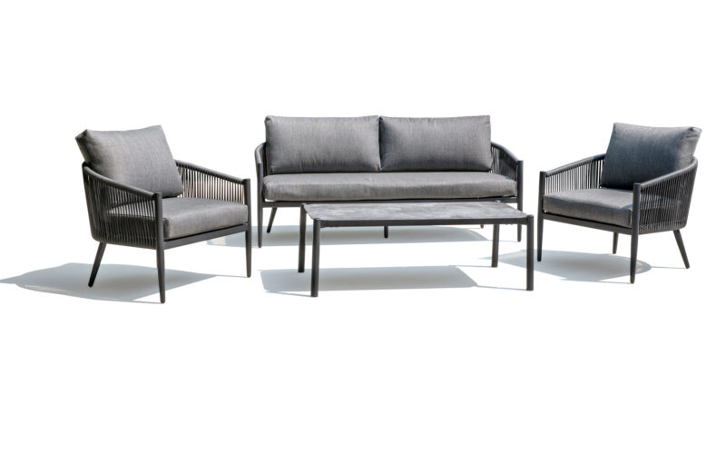 Three seat aluminum outdoor sofa with deep cushions and rope woven sides