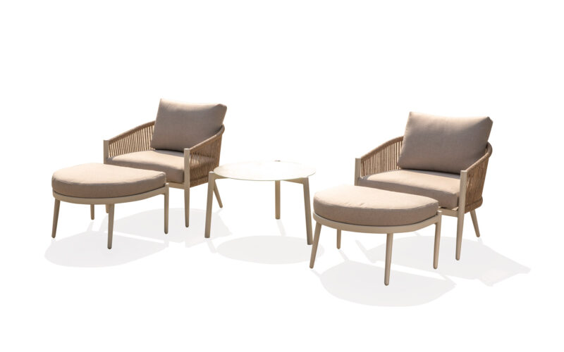 Modern twisted rope aluminum outdoor lounge set with two chairs and ottomans