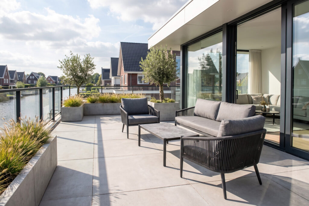 Modern rope woven aluminum outdoor sofa set with grey cushions