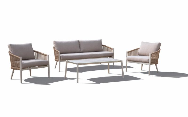 Modern twisted rope aluminum outdoor sofa set with grey cushions