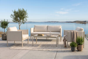 49331 Modern aluminum patio sofa with bouclé cushions