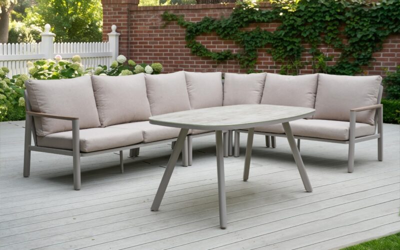Modern outdoor corner dining sofa with printed tempered glass table for patio and garden