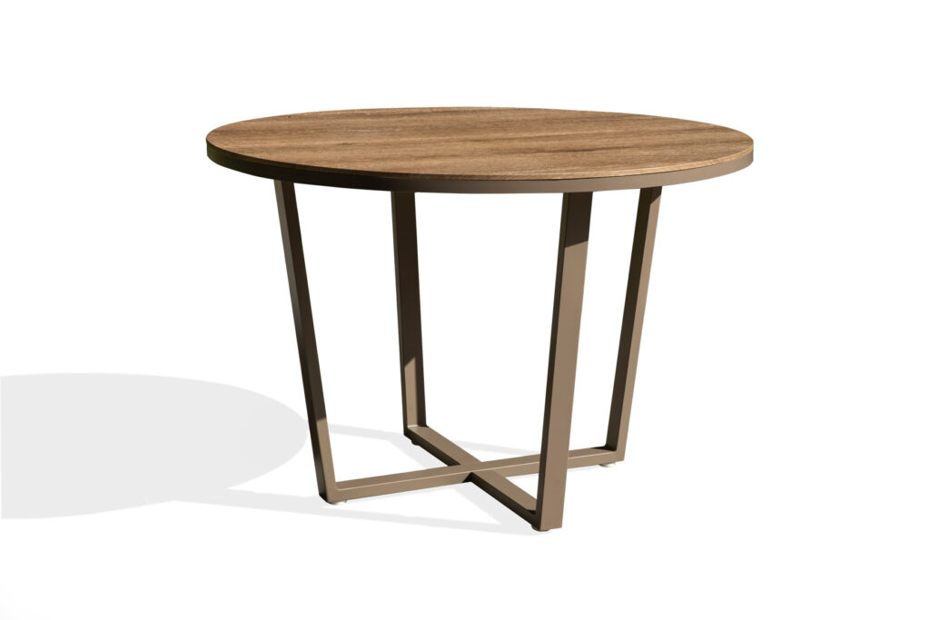 Round WPC outdoor dining table with aluminum cross base