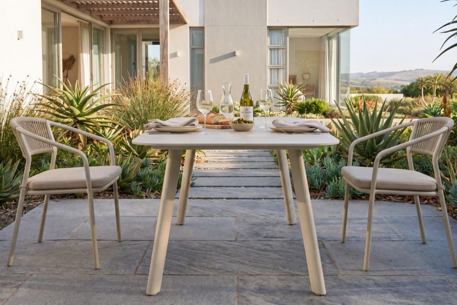 22790 outdoor dining set with sintered stone table and rope woven aluminum dining chairs